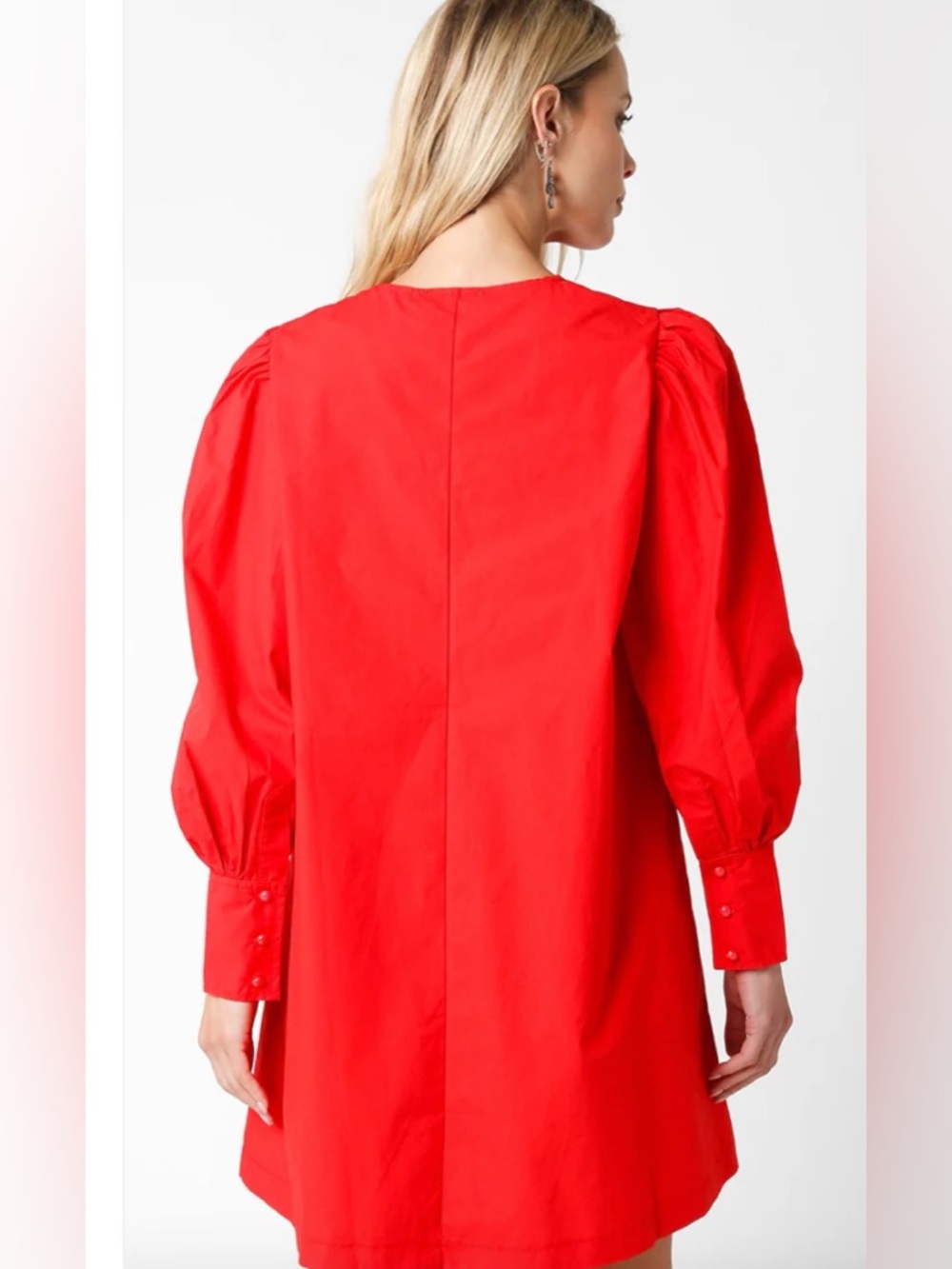 Red Puff Sleeve Tie Neck Dress - Picture 3 of 4